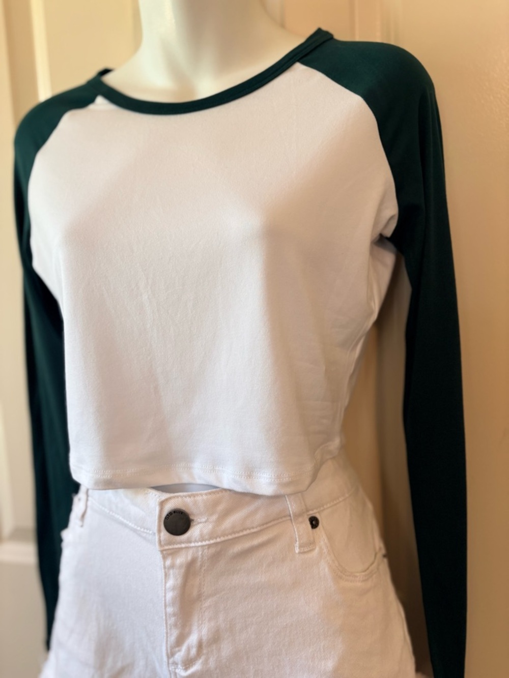 NWT, Essentials White Crop Top with Dark Green Sleeves, size S - Picture 1 of 6